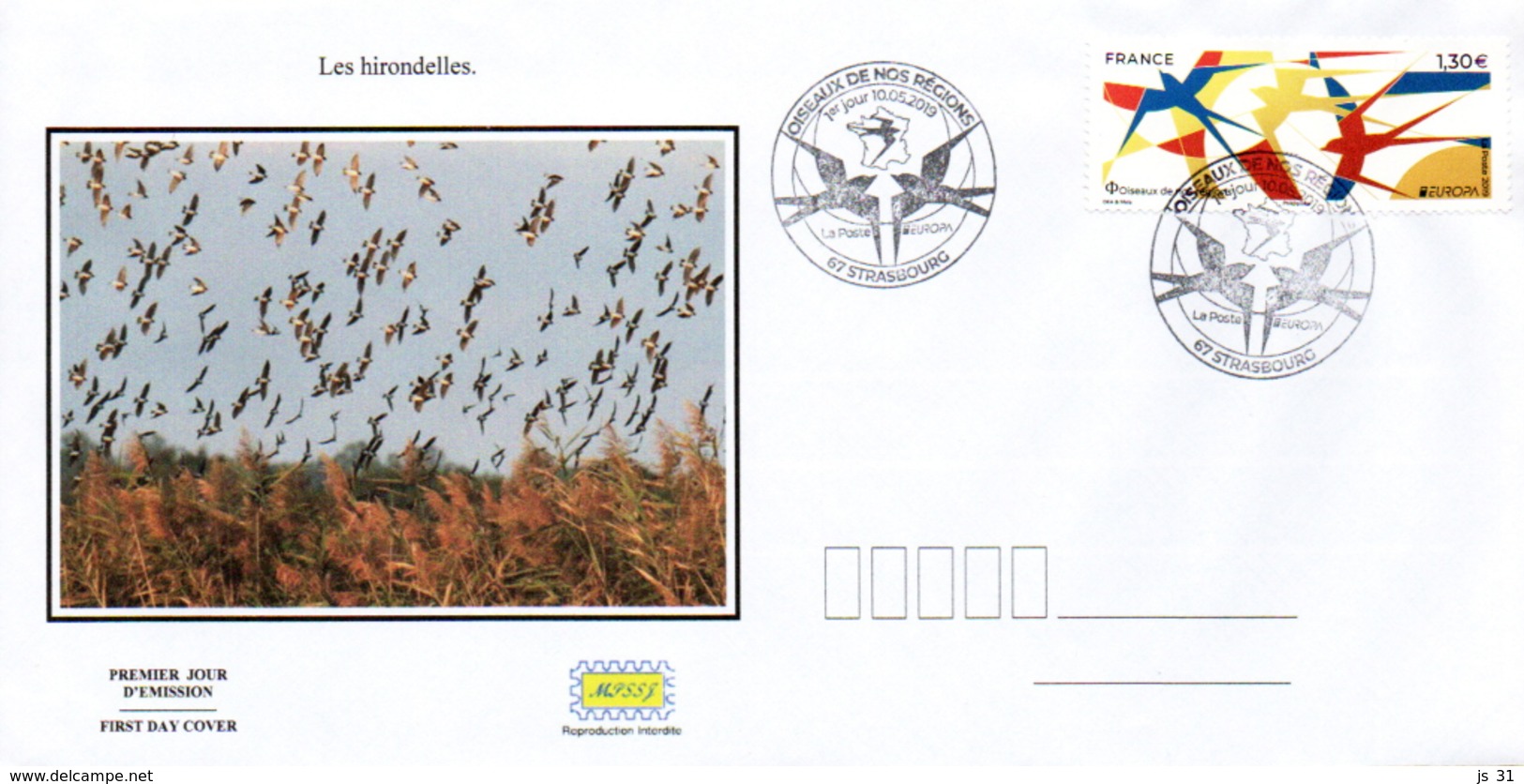 France  2019 FDC : Les Hirondelles, Oiseaux De Nos Régions. EUROPA. Obliteration 1er Jour 10/05/2019 Strasbourg. - 2010-2019