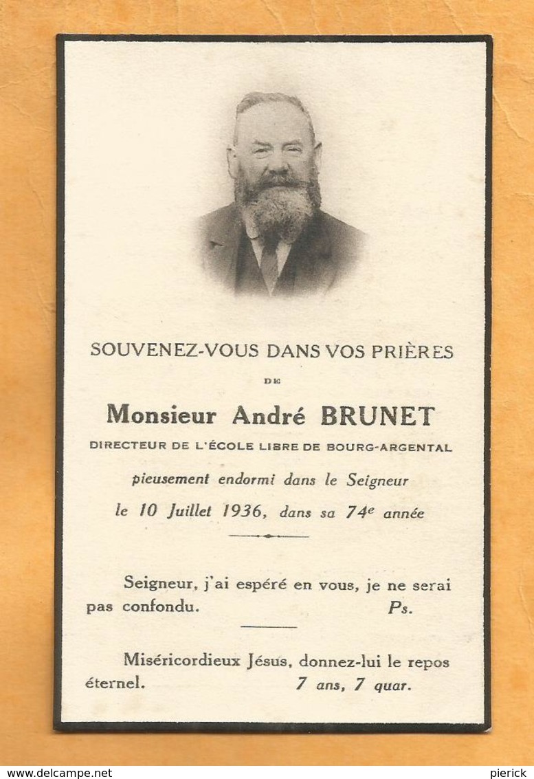 IMAGE GENEALOGIE FAIRE PART AVIS DECES CARTE MORTUAIRE  BRUNET DIRECTEUR ECOLE LIBRE BOURG ARGENTAL LOIRE - Décès