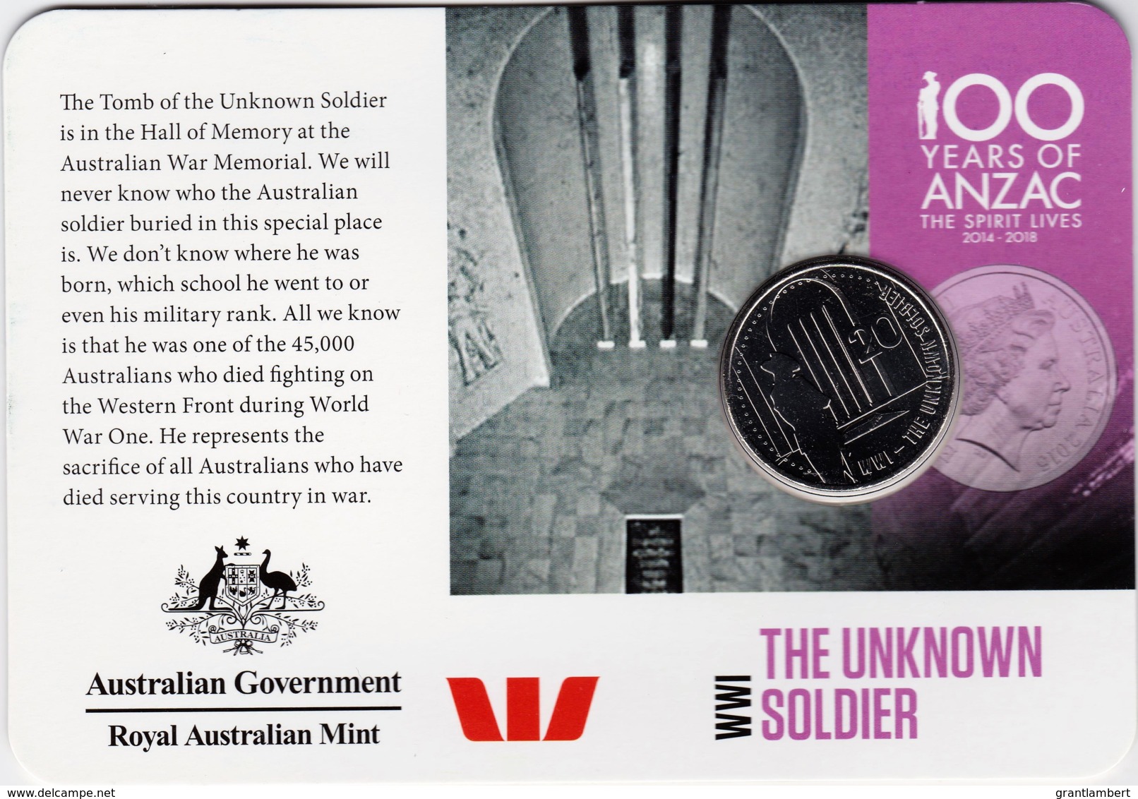 Australia 2015 ANZAC 100 Years - WW1 The Unknown Soldier Uncirculated 20c - Sin Clasificación