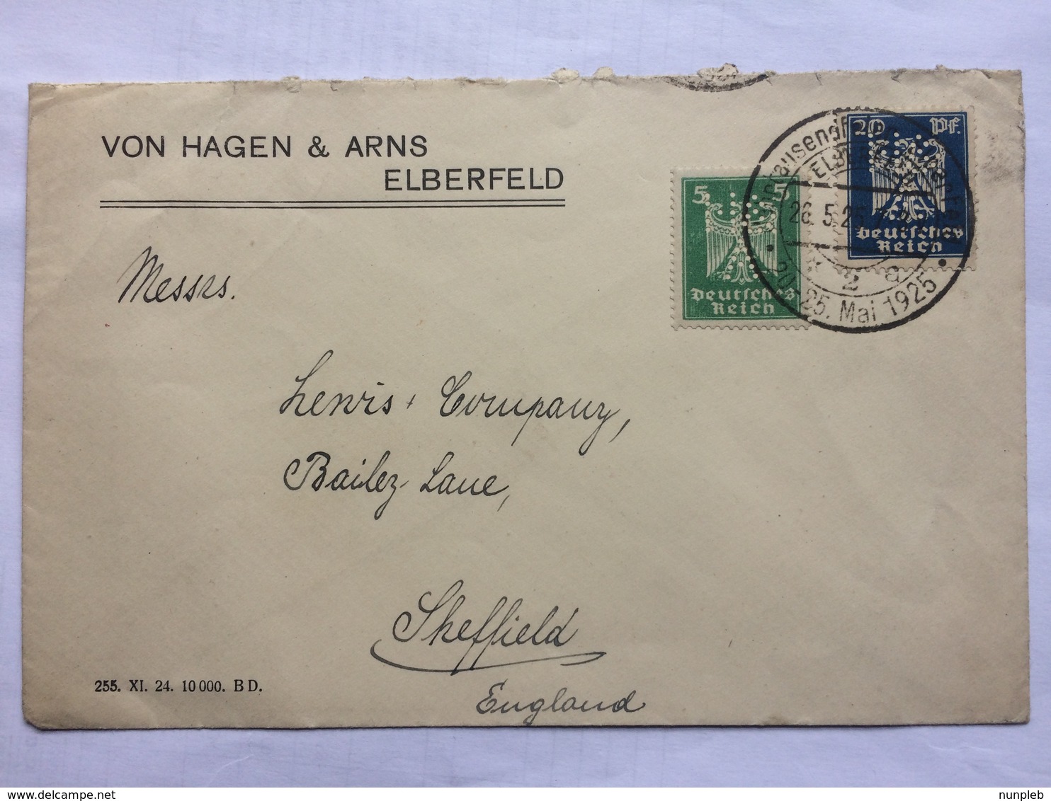 GERMANY 1925 Cover Elberfeld Handstamp Sonderstempel Sent To Sheffield England - Covers & Documents