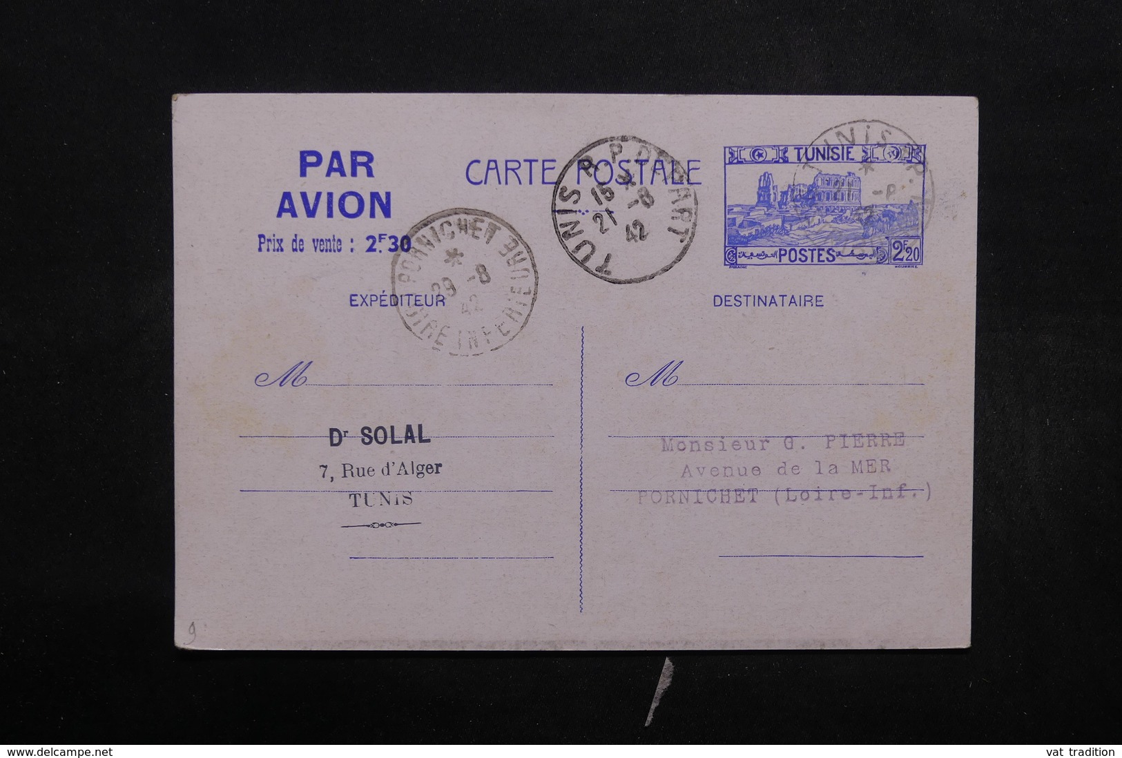 TUNISIE - Entier Postal De Tunis Par Avion ( Taxe 2f30 ) Pour Pornichet En 1942 - L 32448 - Brieven En Documenten