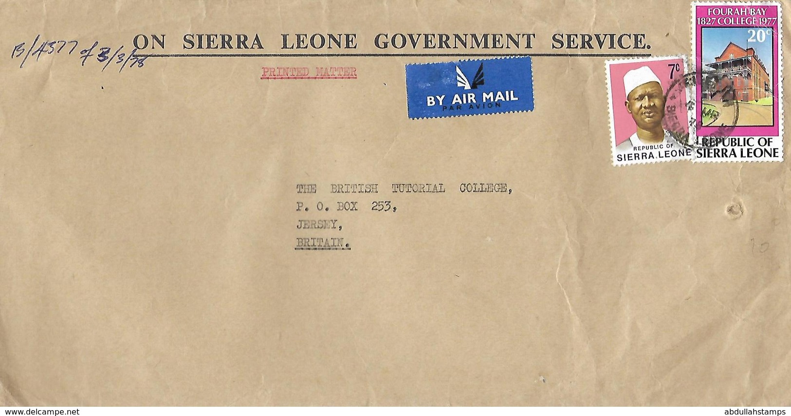 SIERRA LEONE  1978  OFFICIAL  AIRMAIL COVER TO ENGLAND. - Sierra Leone (1961-...)