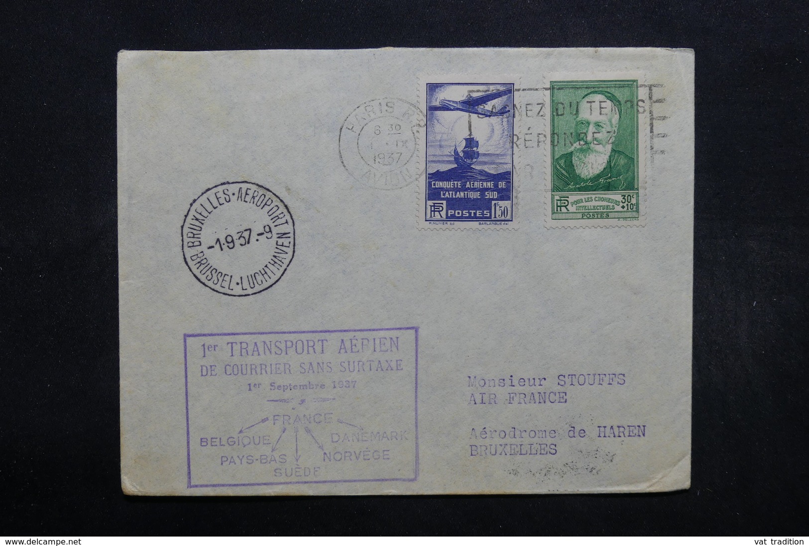 FRANCE - Enveloppe 1 Er Vol Sans Surtaxe France / Belgique En 1937 , Affranchissement Plaisant - L 32452 - 1960-.... Lettres & Documents