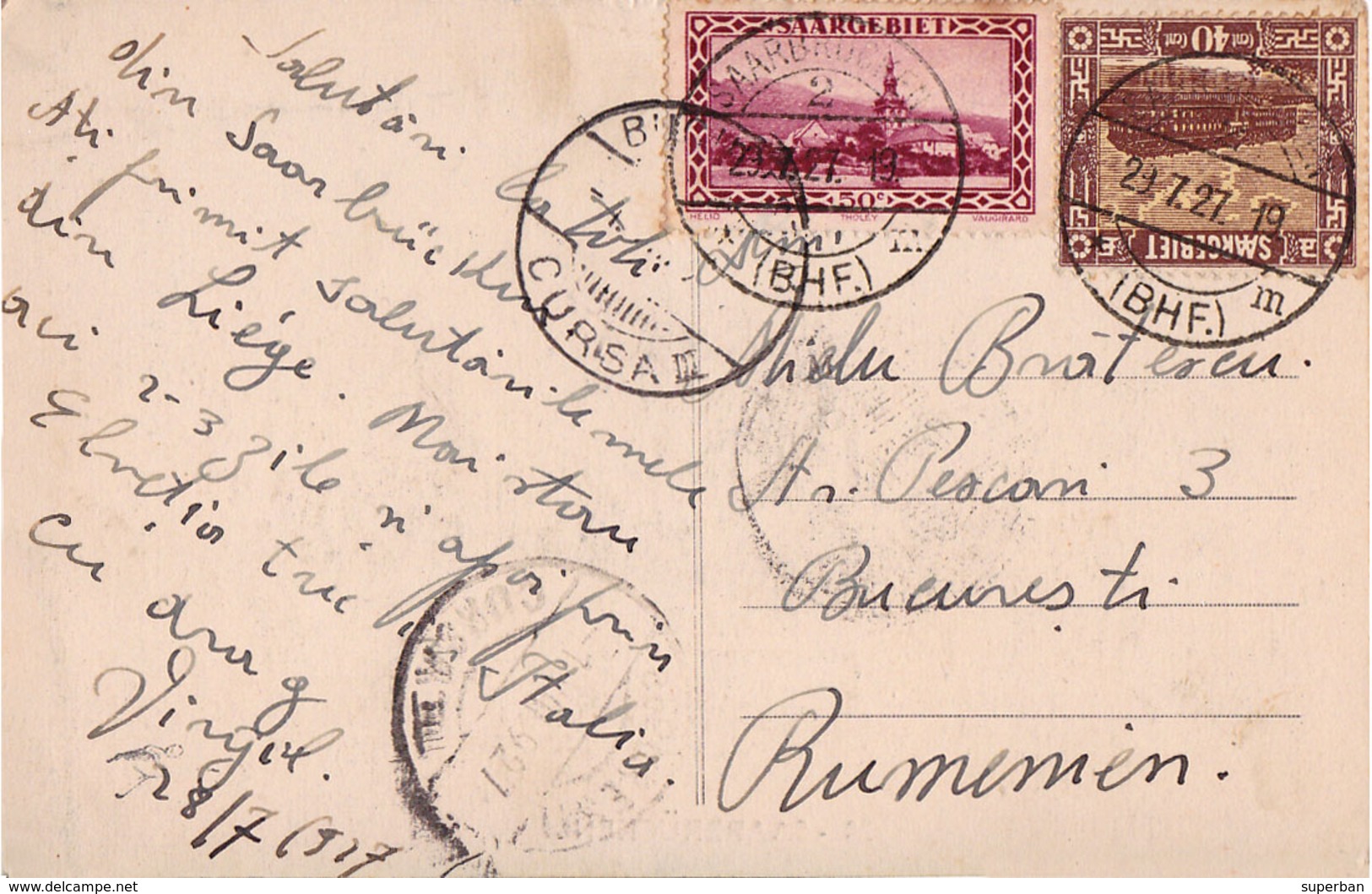 SAARBRÜCKEN - CARTE POSTALE VOYAGÉE En 1927 à BUCAREST / ROUMANIE - MAILED In 1927 To BUCHAREST / ROMANIA (ac452) - Saarbruecken