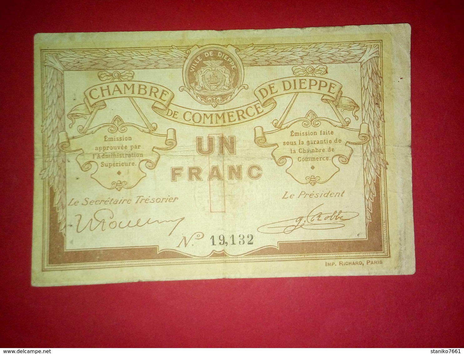 BILLET DE 1 FRANC CHAMBRE DE COMMERCE DE DIEPPE - Cámara De Comercio