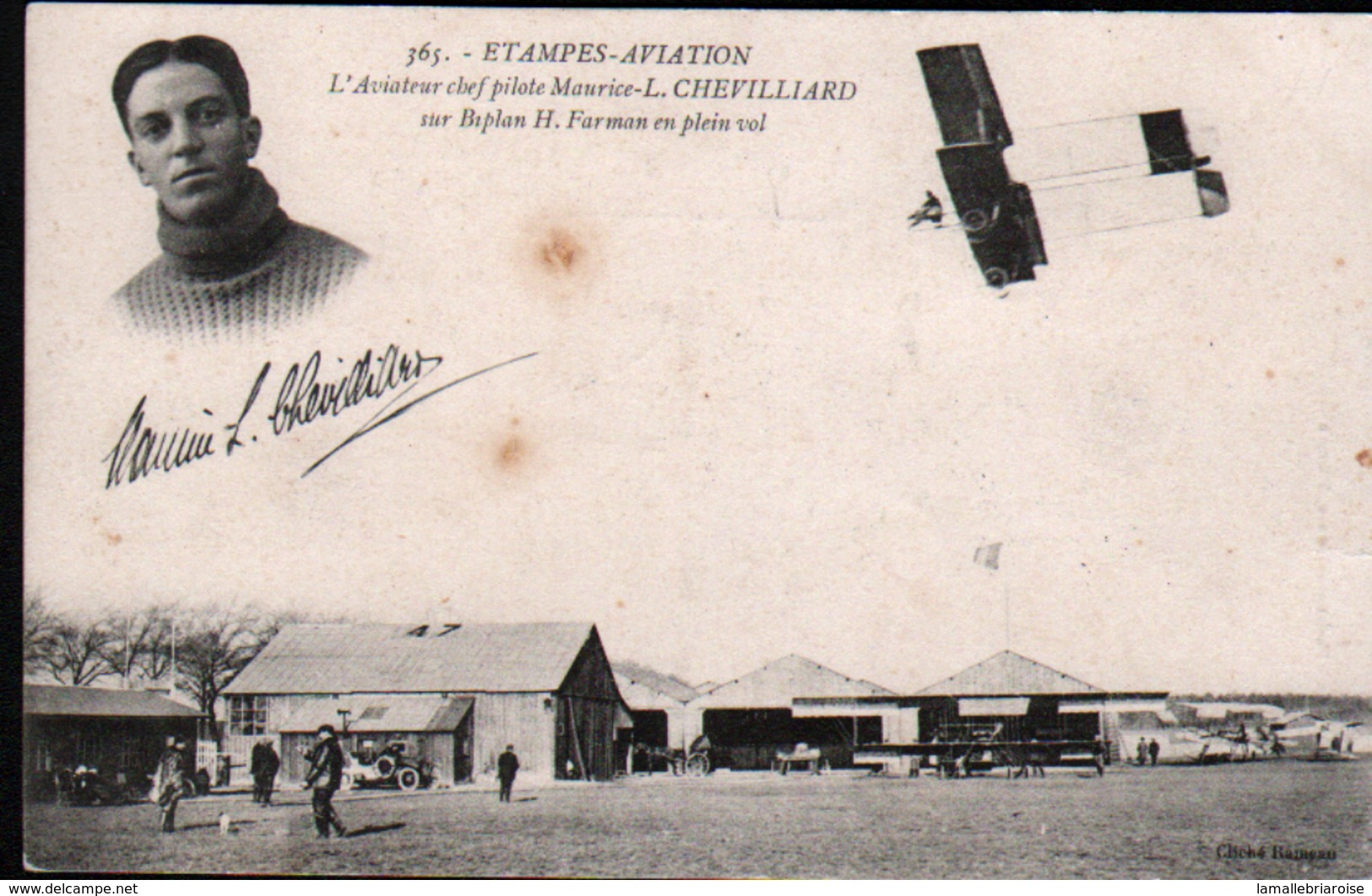 Etampes Aviation, L'aviateur Chef Pilote Maurice L Chevillard Sur Biplan H. Farman En Plein Vol, Signature - Aviateurs