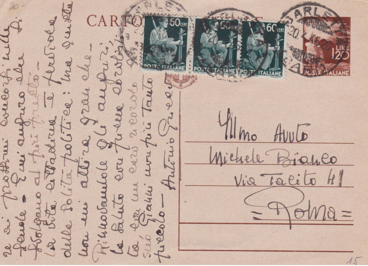 1946 Cartolina Postale Democratica Con Stemma Lire 1,20 Con Fr.lli Aggiunti Democratica  Striscia Tre C.60 Barletta (19. - Storia Postale