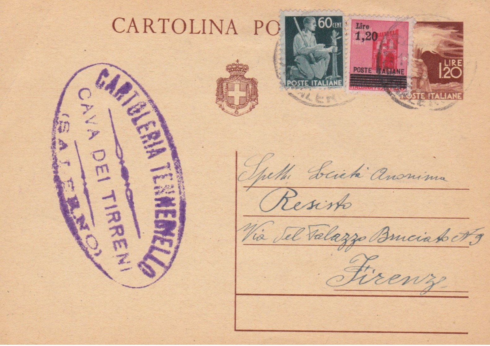 1946 Cartolina Postale Democratica Con Stemma Lire 1,20 Con Fr.lli Aggiunti Democratica  C.60 E Monumenti Distrutti Sopr - Storia Postale