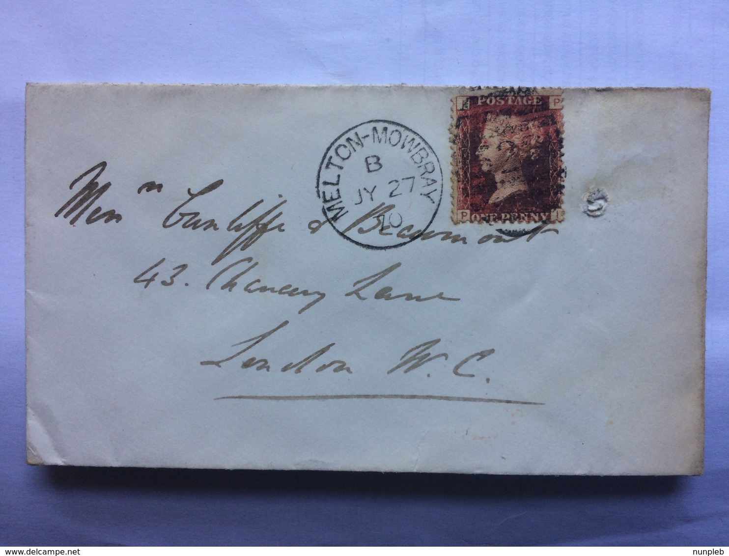 GB 1870 Cover Melton Mowbray To London Marks Tied With 1d Red Plate 124 - Covers & Documents