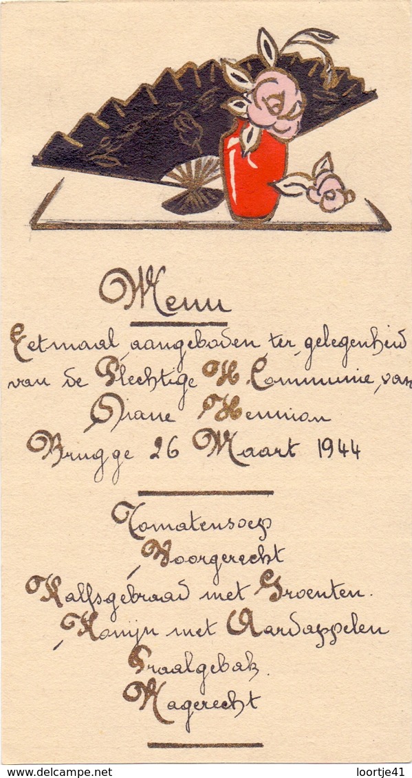 Menu - Eetmaal Communie Diane Hennion - Brugge 26 Maart 1944 - Menus