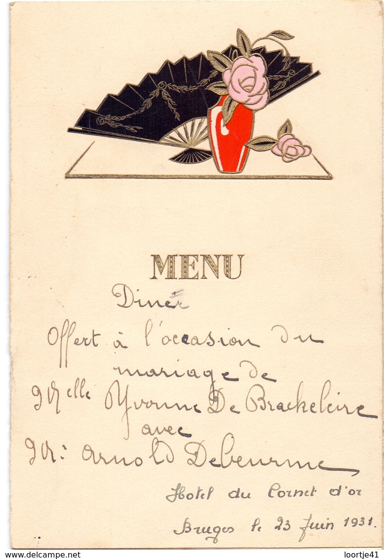 Menu - Diner Mariage - Huwelijk Yvonne De Brackeleire X Arnold Debeurme - Bruges Brugge 1931 - Menus