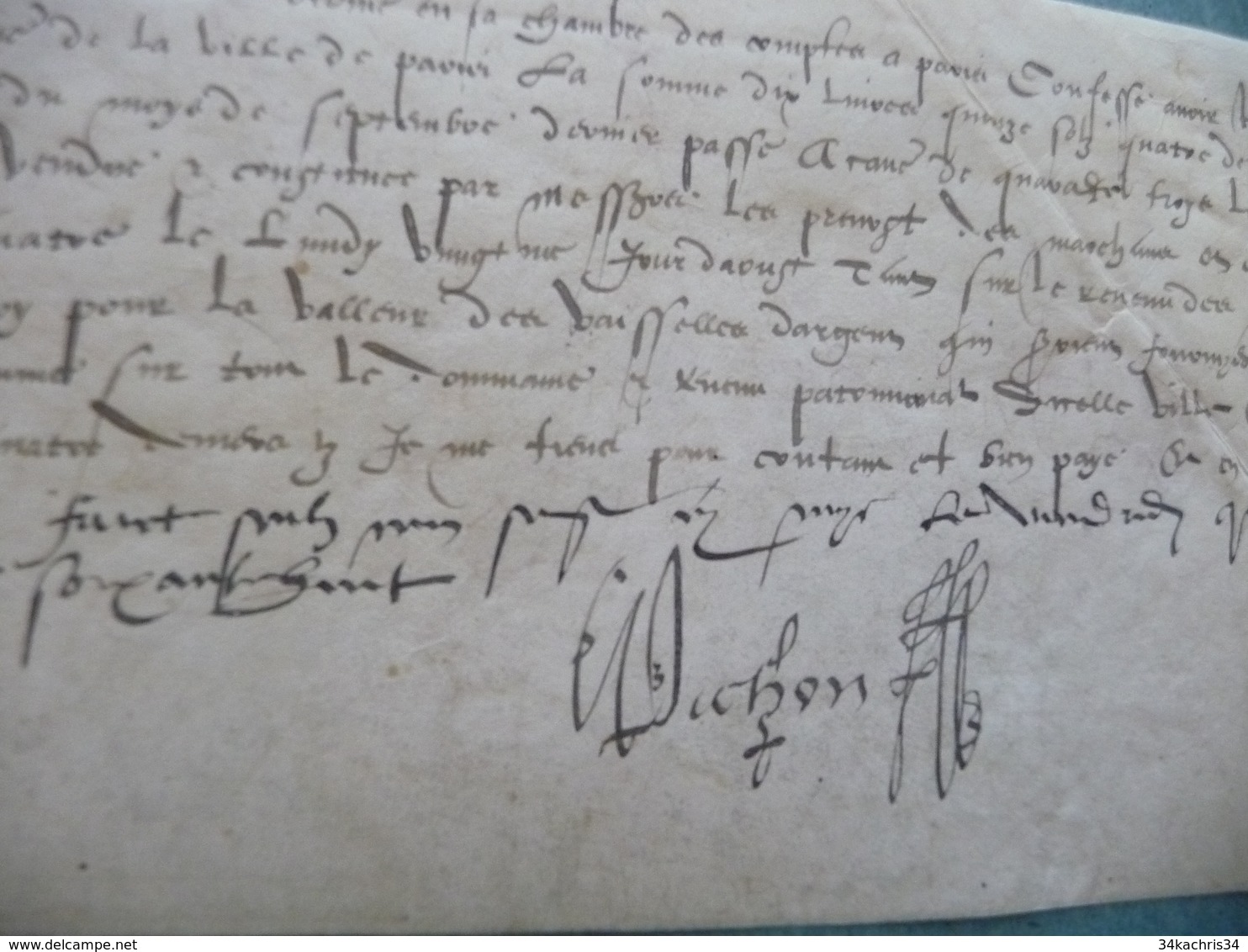PICHON C. Conseiller Du Roi Pièce Signée Sur Velin 15/08/1568 Quitance De Bail Magasins Greniers De Sel - Autres & Non Classés