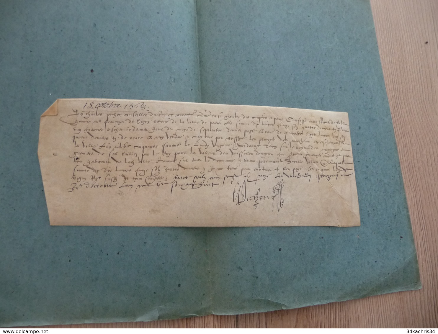 PICHON C. Conseiller Du Roi Pièce Signée Sur Velin 15/08/1568 Quitance De Bail Magasins Greniers De Sel - Autres & Non Classés