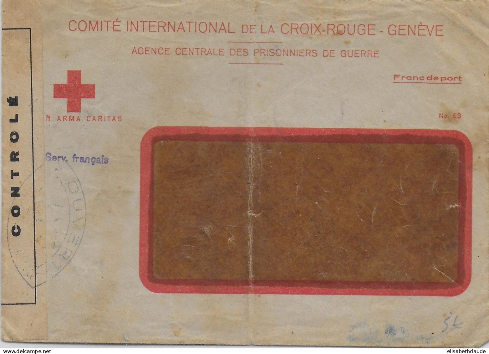 PRISONNIERS DE GUERRE - 1914/18 - CROIX-ROUGE - ENVELOPPE De GENEVE Avec CENSURE - "SERVICE FRANCAIS" - Rotes Kreuz