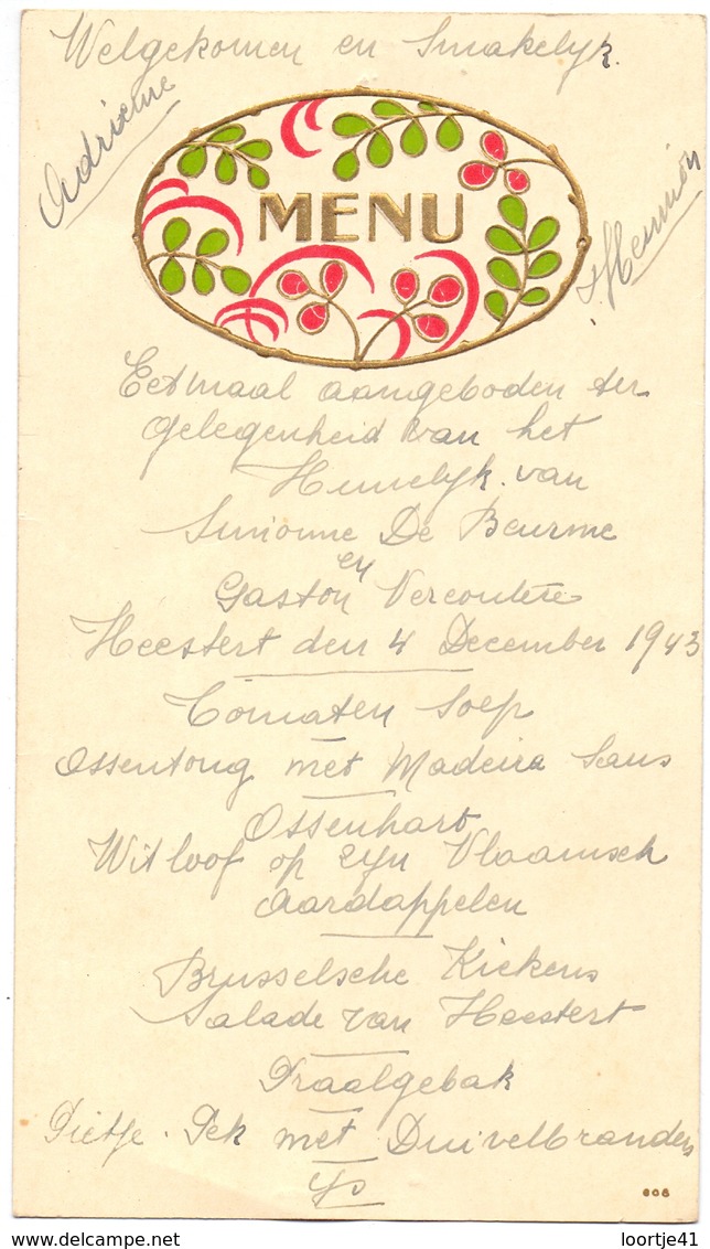 Menu - Eetmaal Huwelijk Simonne De Beurme X Gaston Vercoutere - Heestert 1943 - Menus