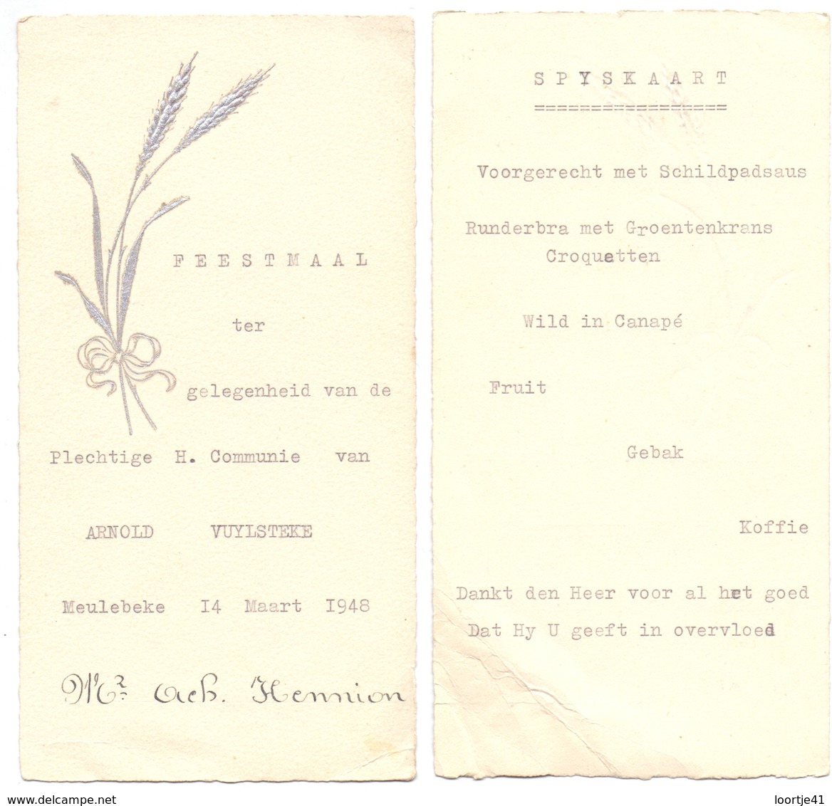 Menu - Feestmaal Communie Arnold Vuylsteke - Meulebeke 1948 - Menus