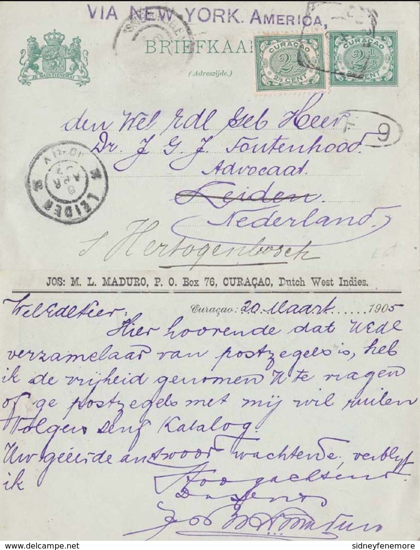 Netherland Cols- Curacao 1905 Sent Via NewYork To The Netherlands   005 8.50  "payment Request" By "invoice" - Curacao, Netherlands Antilles, Aruba