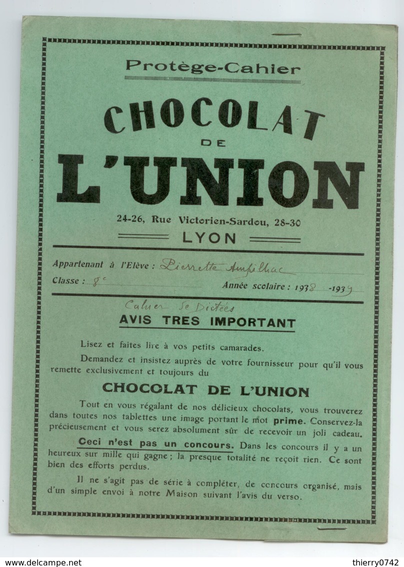 PROTEGE CAHIER CHOCOLAT DE L'UNION LYON TBE - Protège-cahiers