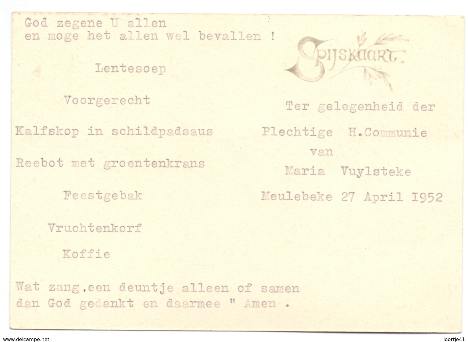 Menu - Spijskaart Communie Maria Vuylsteke - Meulebeke 1952 - Menus