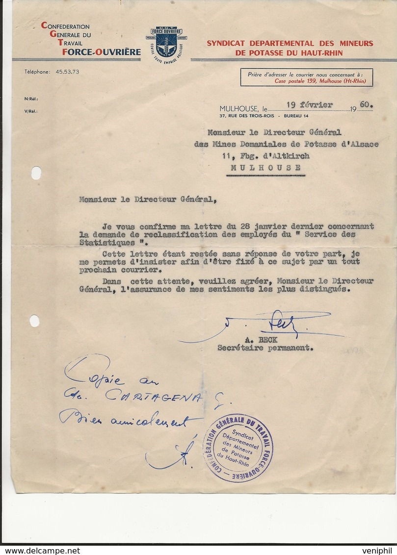 LETTRE SYNDICALE CGTFO DES MINEURS DE POTASSE DU HT RHIN- 1960 - Autres & Non Classés