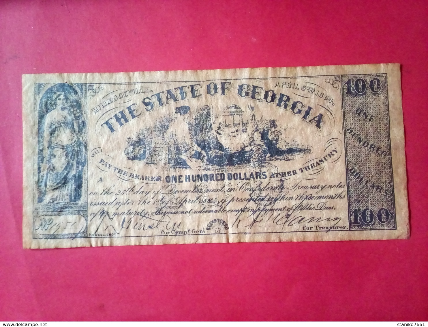 CONFEDERATE THE STATE OF GEORGIA ONE HUNDRED DOLLARS 100 DOLLARS USA 1864 Reproduction - Confederate Currency (1861-1864)