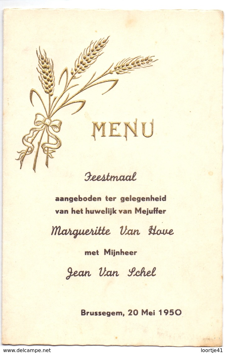 Menu - Feestmaal Huwelijk Margueritte Van Hove X Jean Van Schel - Brussegem 1950 - Menus