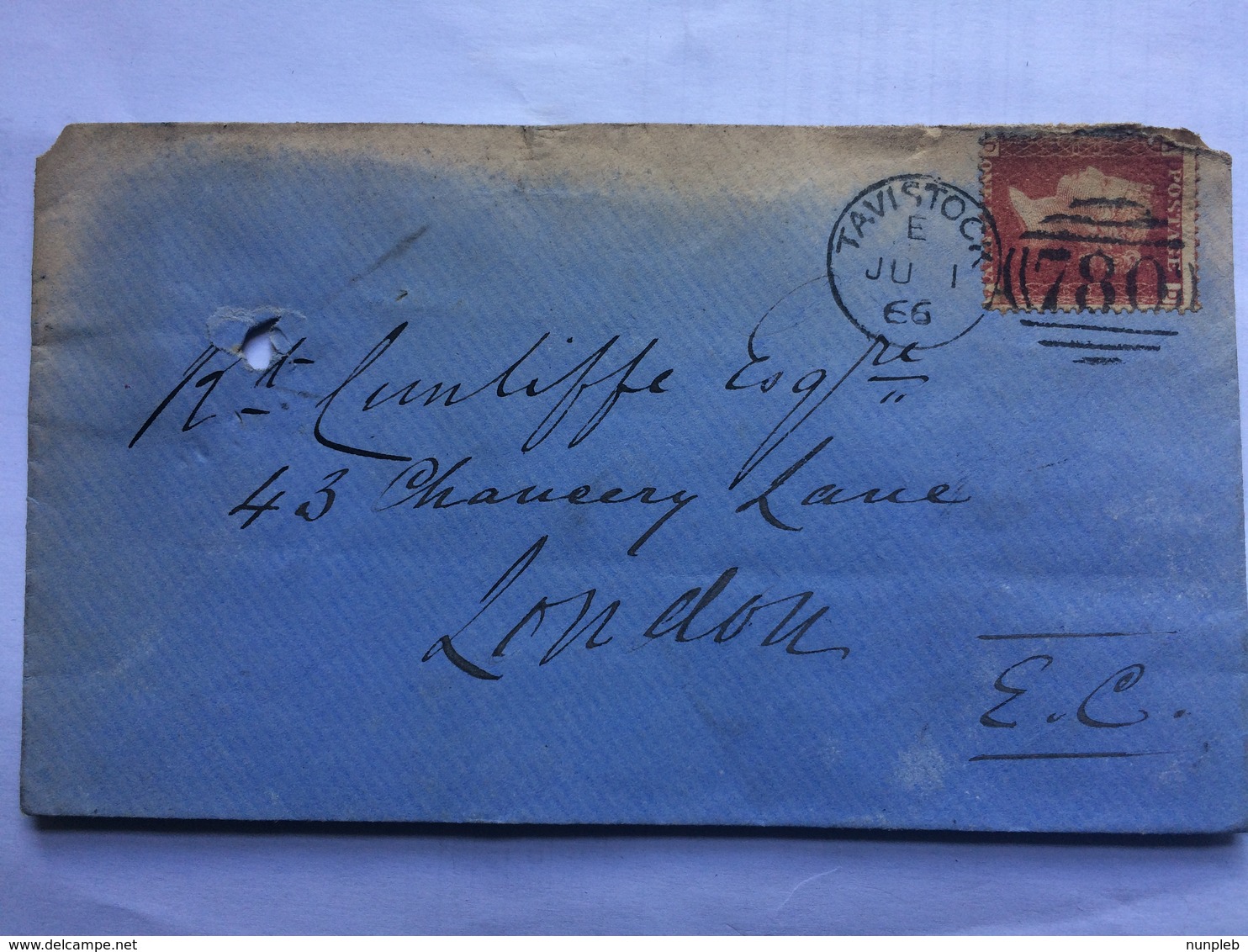 GB 1866 Cover Tavistock To London Tied With 1d Red Plate 89 - Covers & Documents