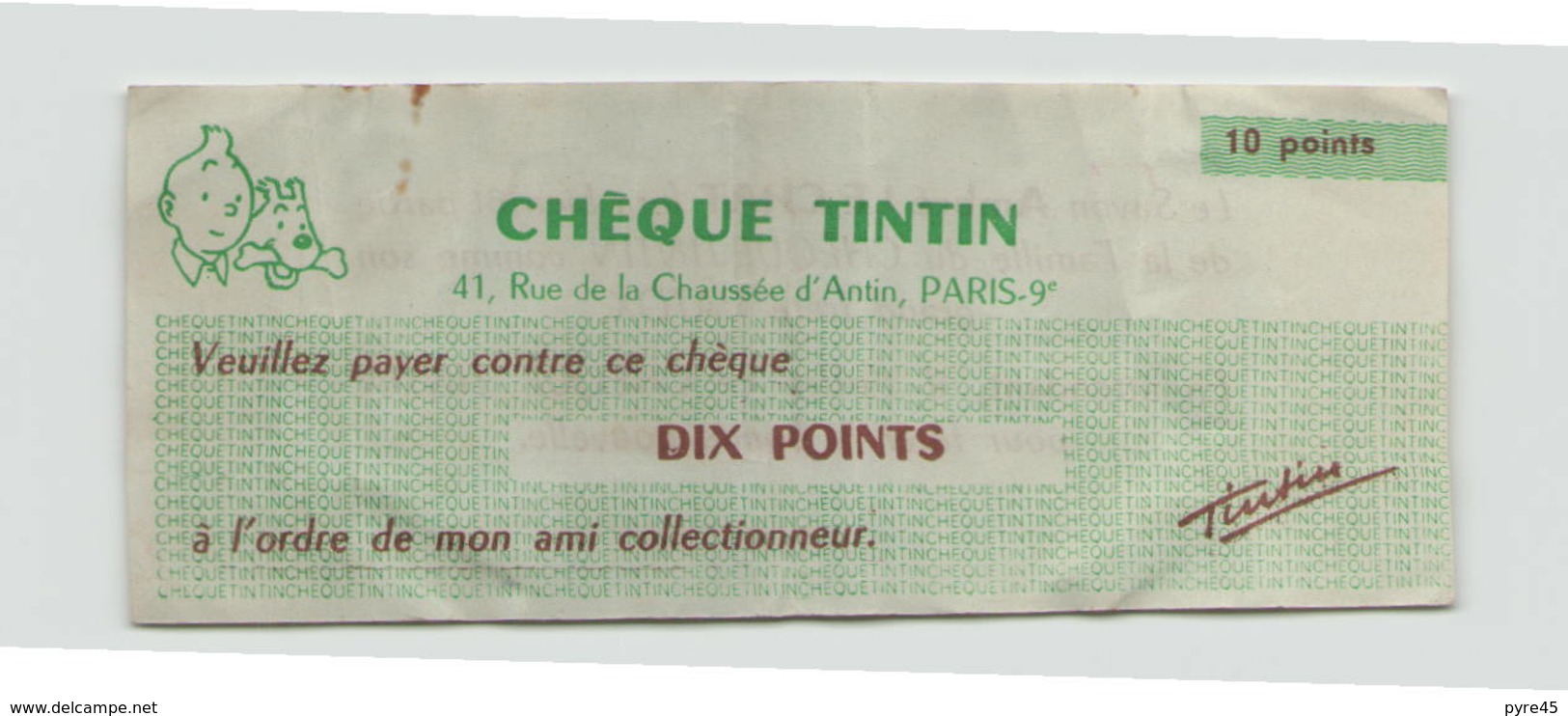 CHEQUE TINTIN 10 POINTS OFFERT PAR LE SAVON AMBRE LE CHAT - Other & Unclassified