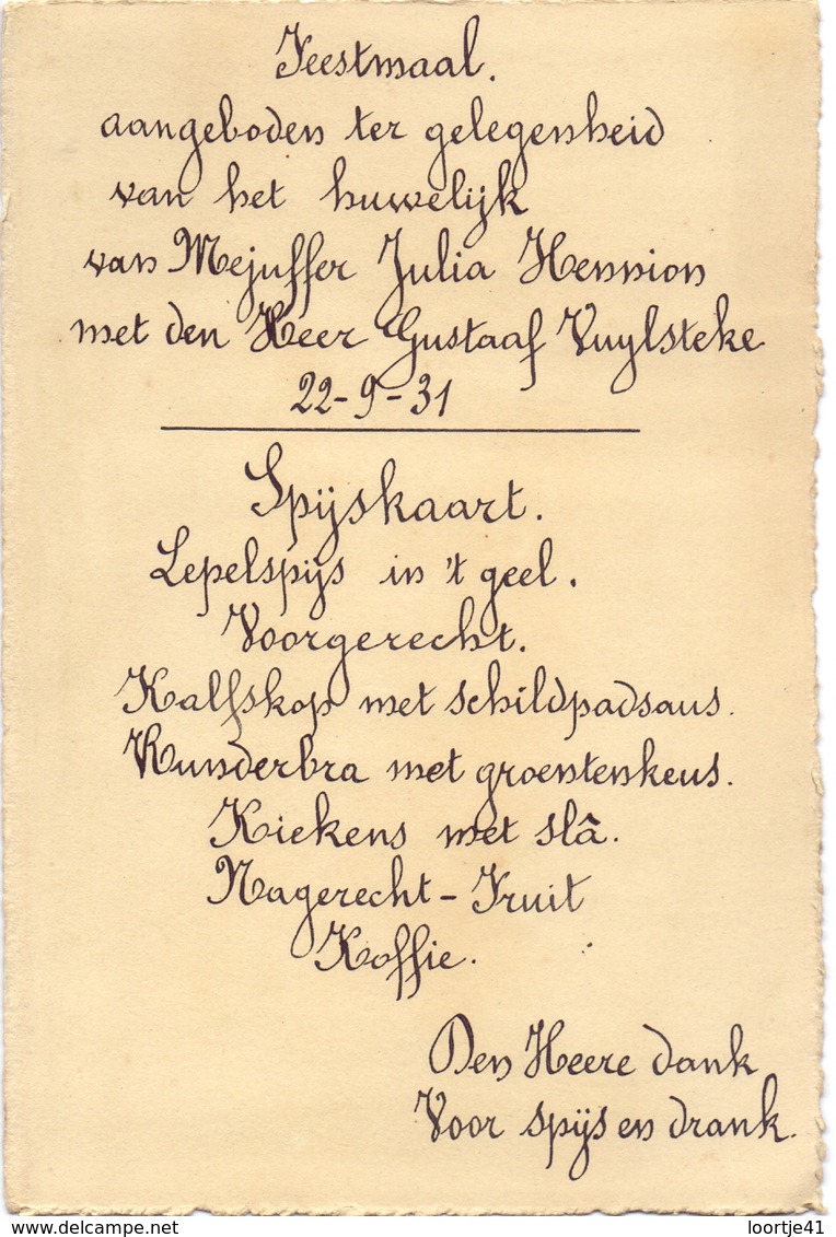 Menu - Feestmaal Huwelijk Julia Hennion X Gustaaf Vuylsteke - 1931 - Esen - Meulebeke - Menus