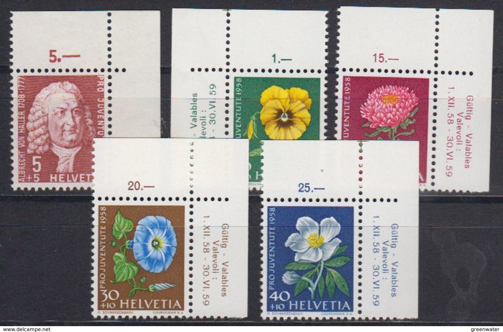 Switzerland 1958 Pro Juventute 5v (corner) ** Mnh (43196A) - Ongebruikt