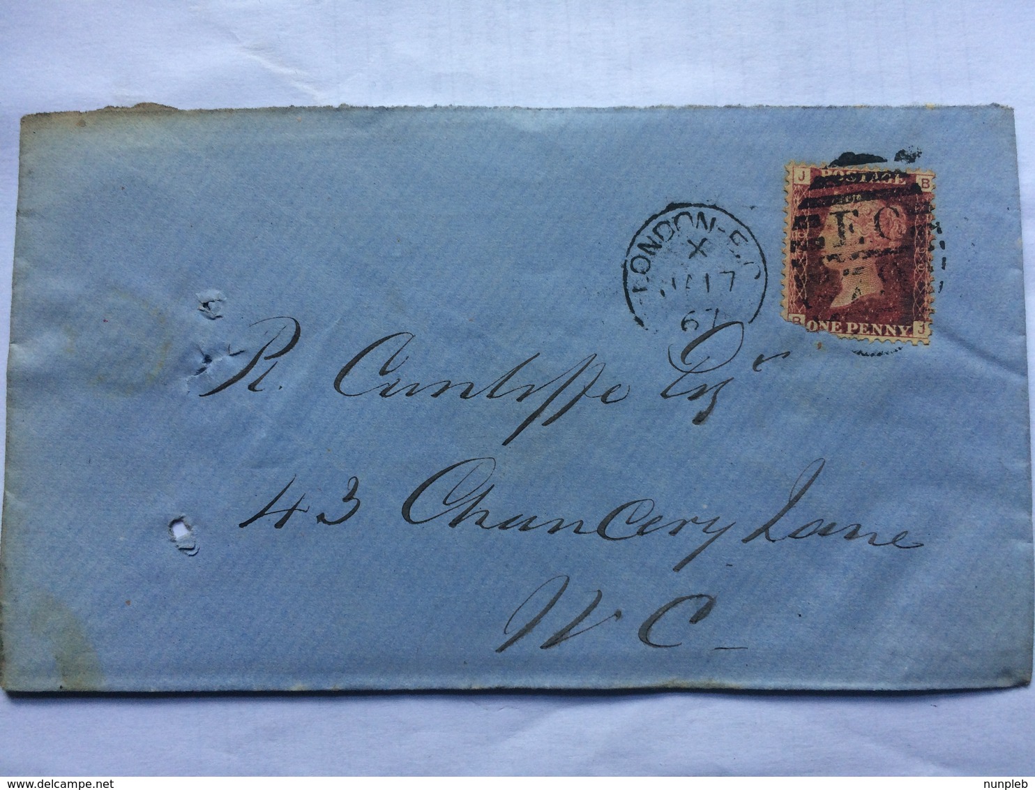 GB 1867 Cover London Marks Tied With 1d Red Plate 90 - Covers & Documents