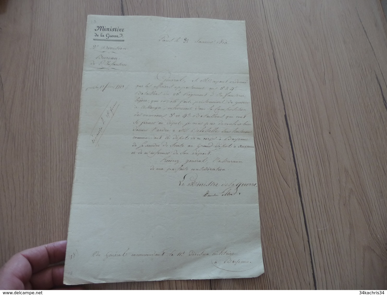 LAS Autographe Maréchal Clarke Duc De Feltre Ministre Guerre Paris 31/01/1813  Prisonniers De Guerre à Assarga - Documenten