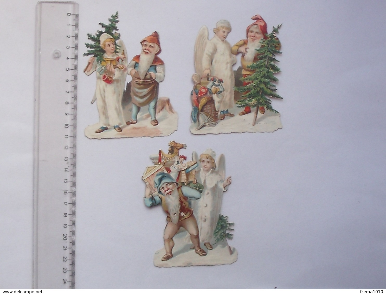 CHROMO DECOUPIS: ANGE Longues Ailes LUTIN Lot 3 Différents Même Série - Anges Sapin De Noël Jouet Neige Hiver Religieux - Angels