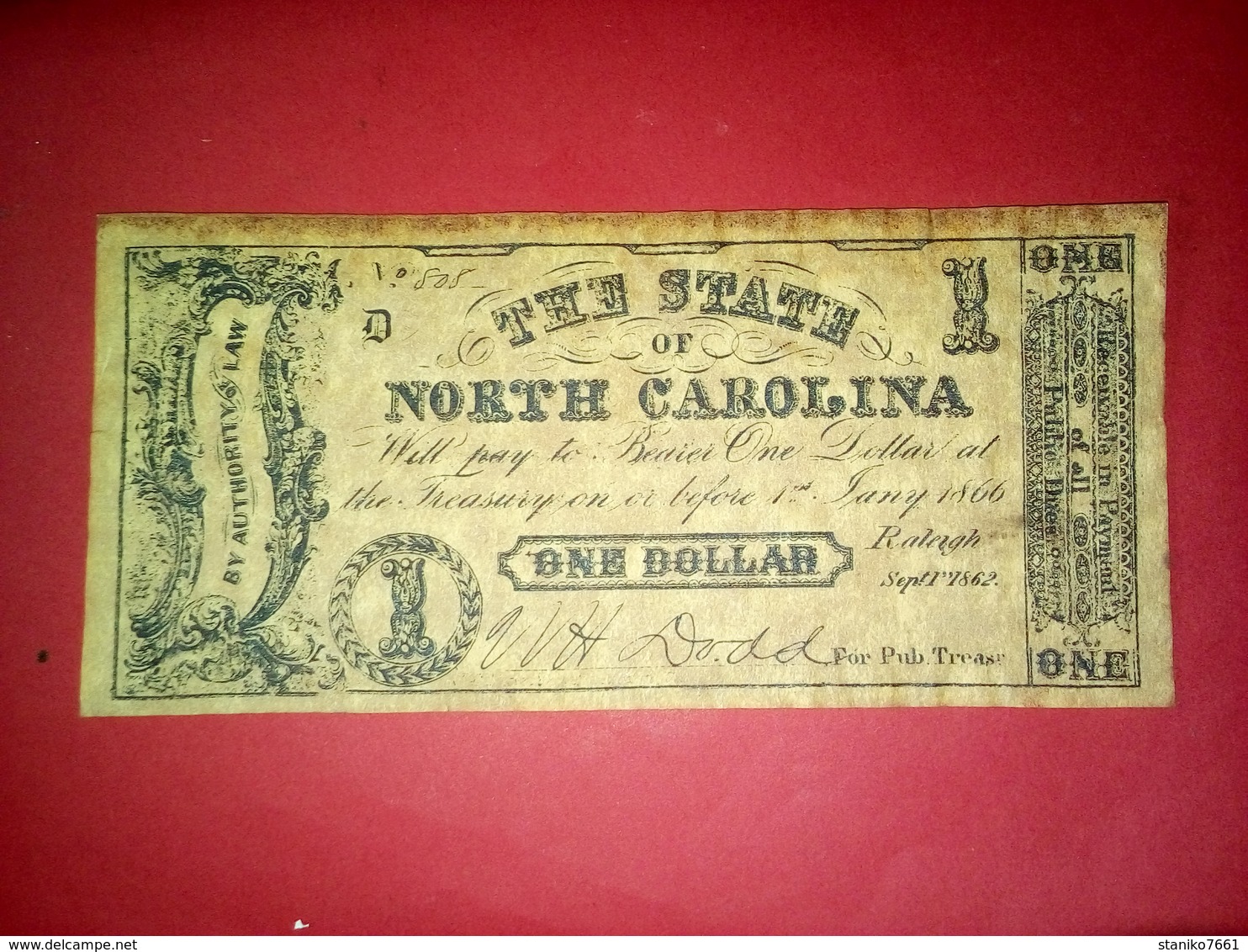 CONFEDERATE THE STATE OF NORTH CAROLINA 1 DOLLAR ONE DOLLAR USA 1862 Reproduction - Valuta Van De Bondsstaat (1861-1864)