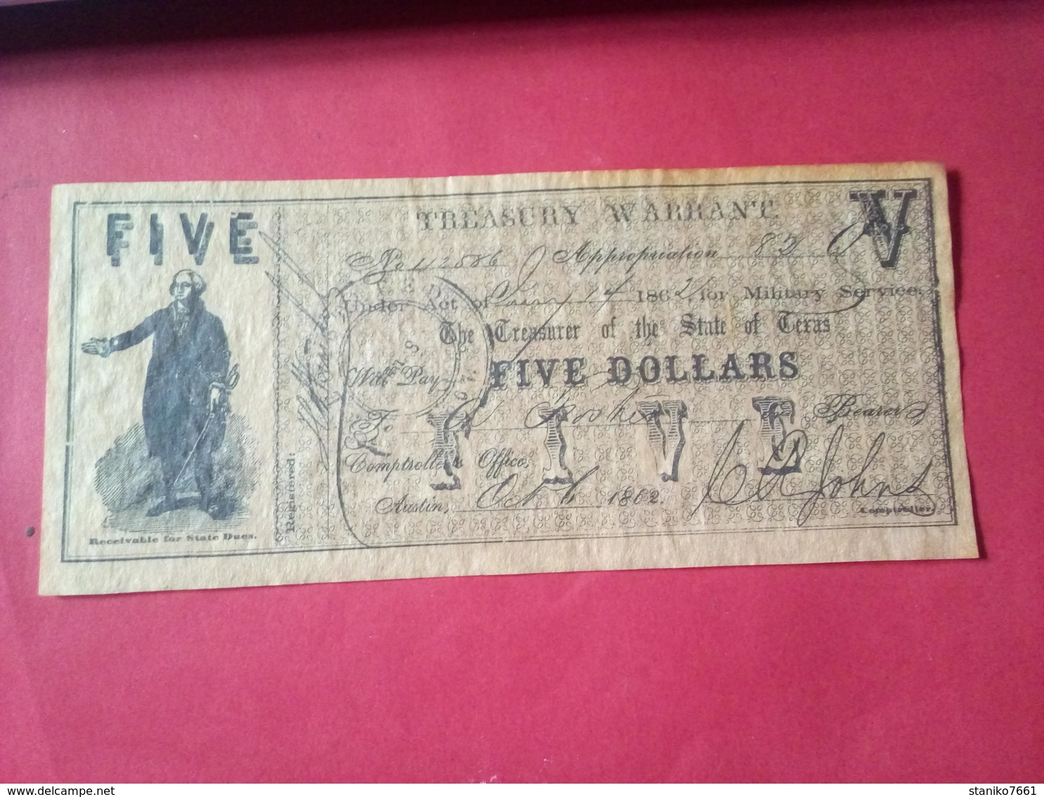 CONFEDERATE THE STATE OF TEXAS 5 DOLLARS FIVE DOLLAR USA 1862 Reproduction - Valuta Van De Bondsstaat (1861-1864)