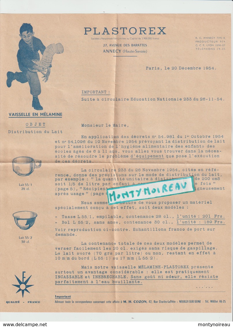 Vieux  Papier :  Haute  Savoie :  ANNECY ; Plastorex , Fait  à Paris 1954 ( Lait , Vaisselle En Mélamine , Neuilly Sur - Non Classés