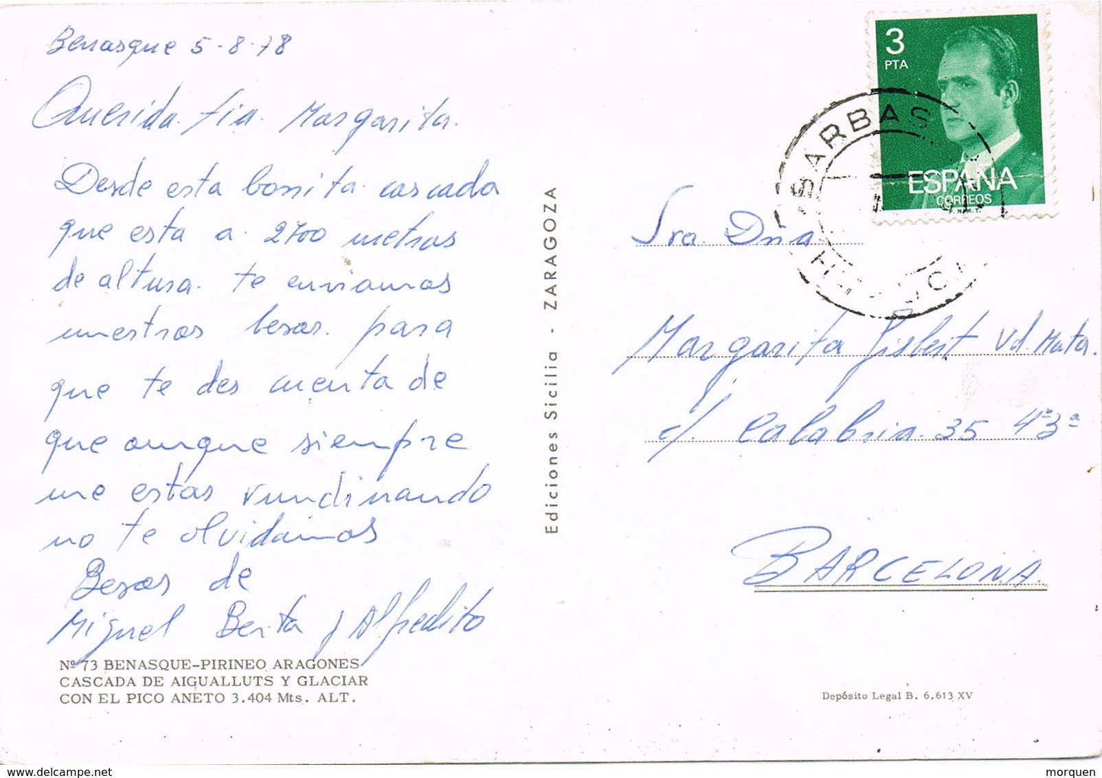 33153. Postal BENASQUE (Huesca) 1978. Fechador BARBASTRO - Cartas & Documentos