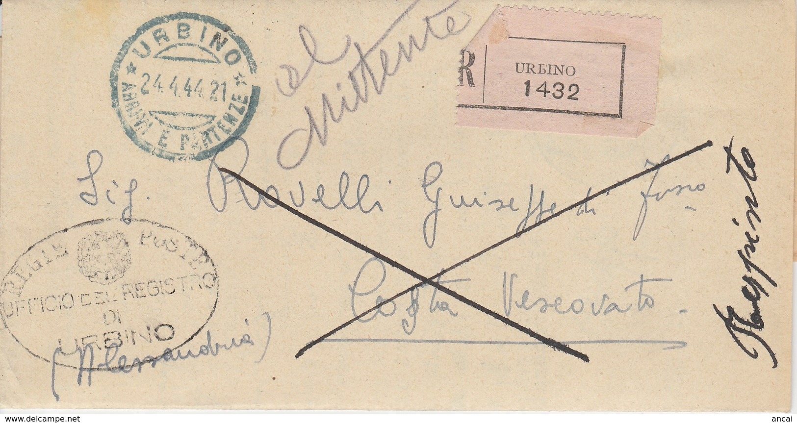 Urbino. 1944. Annullo Guller URBINO (*ARRIVI E PARTENZE* Su Raccomandata RESPINTA AL MITTENTE, Con Testo - Storia Postale