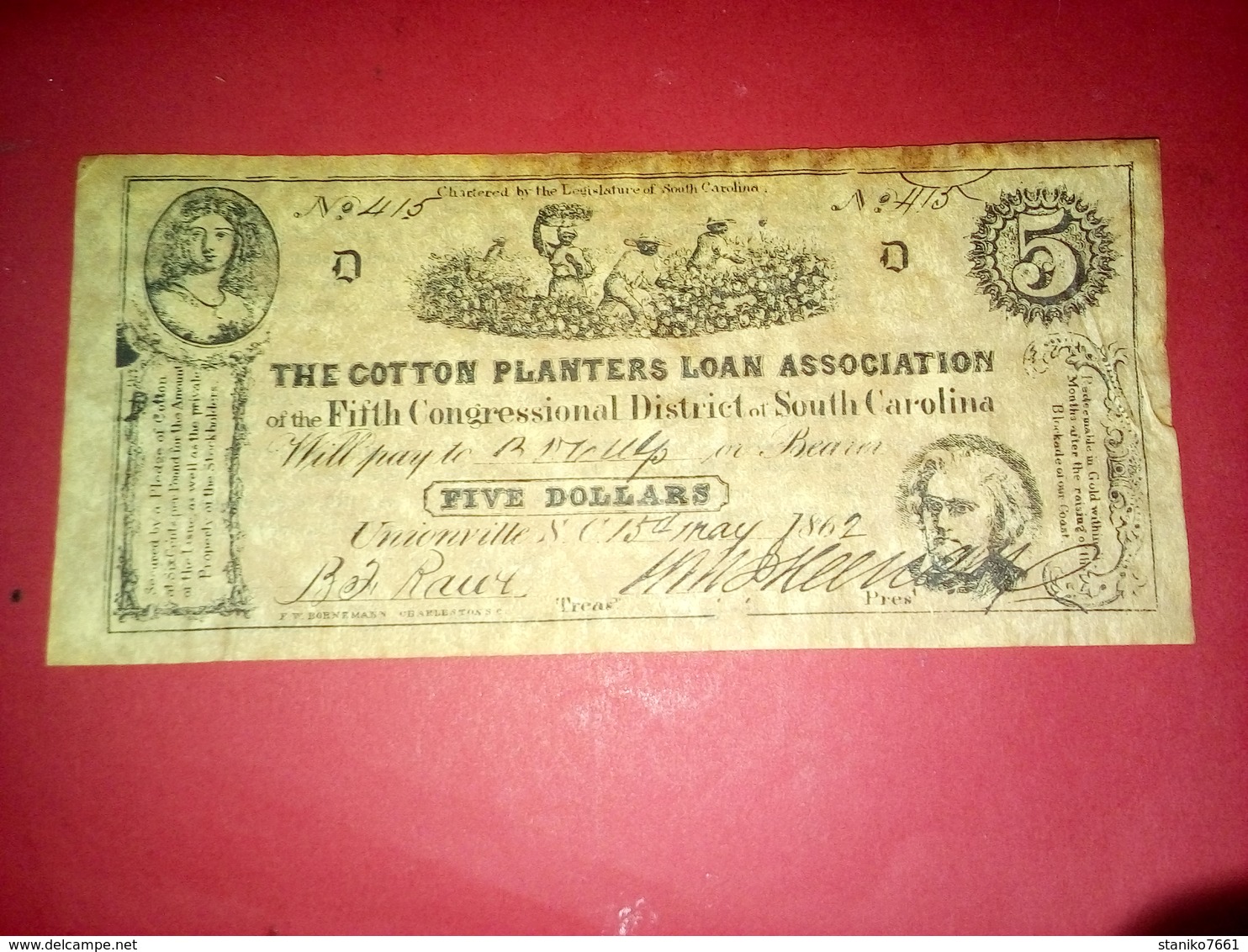 CONFEDERATE DISTRICT OF SOUTH CAROLINA 5 DOLLARS FIVE DOLLARS USA 1862 Reproduction - Divisa Confederada (1861-1864)