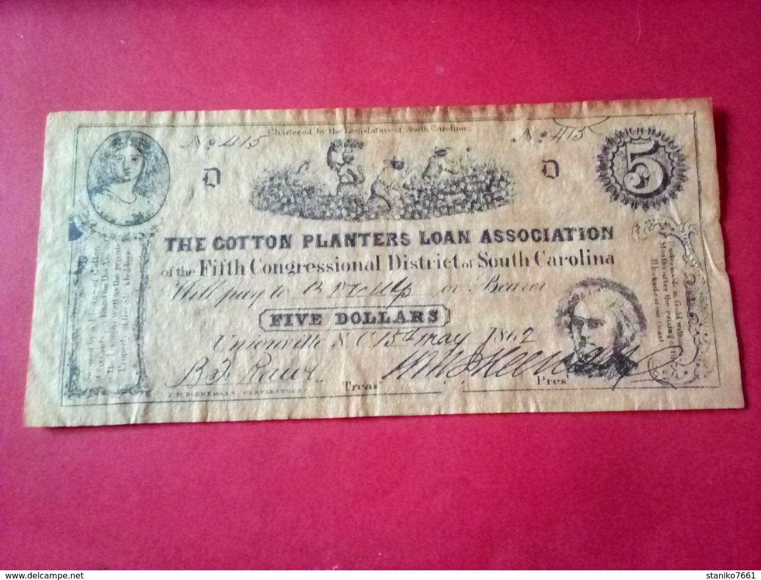 CONFEDERATE DISTRICT OF SOUTH CAROLINA 5 DOLLARS FIVE DOLLARS USA 1862 Reproduction - Divisa Confederada (1861-1864)