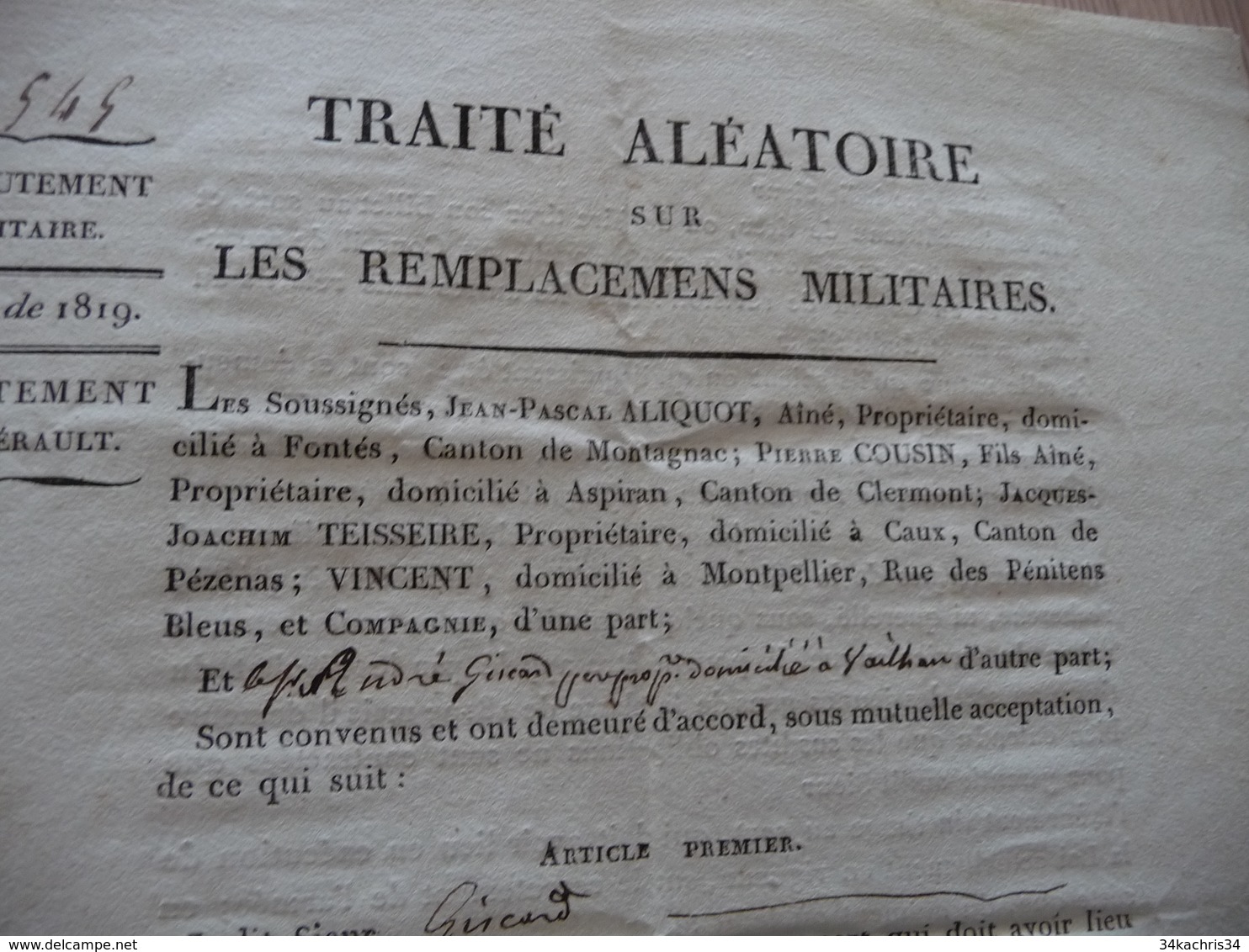 Traité Aléatoire Sur Les Remplacements Militaires Conscrits Classe 1819 Hérault - Dokumente