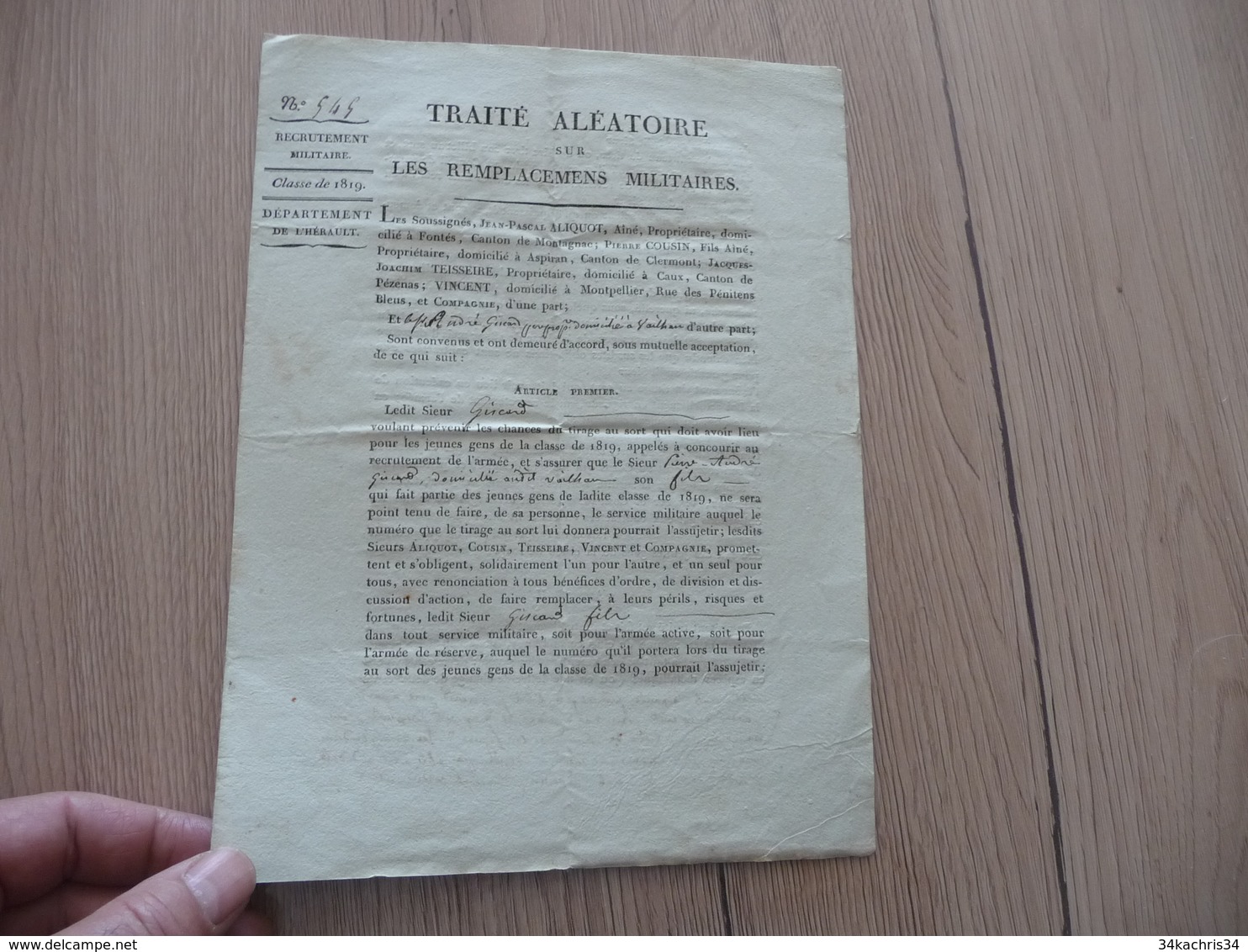 Traité Aléatoire Sur Les Remplacements Militaires Conscrits Classe 1819 Hérault - Dokumente