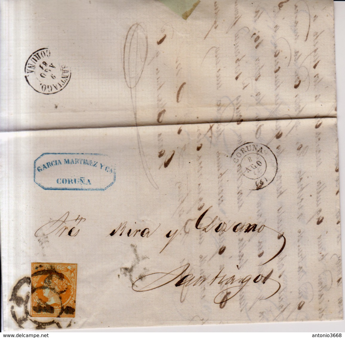 Año 1860 Edifil 52 4c Isabel II Carta   Matasellos Rueda De Carreta 4 Coruña Membrete Garcia Martinez De Coruña - Briefe U. Dokumente