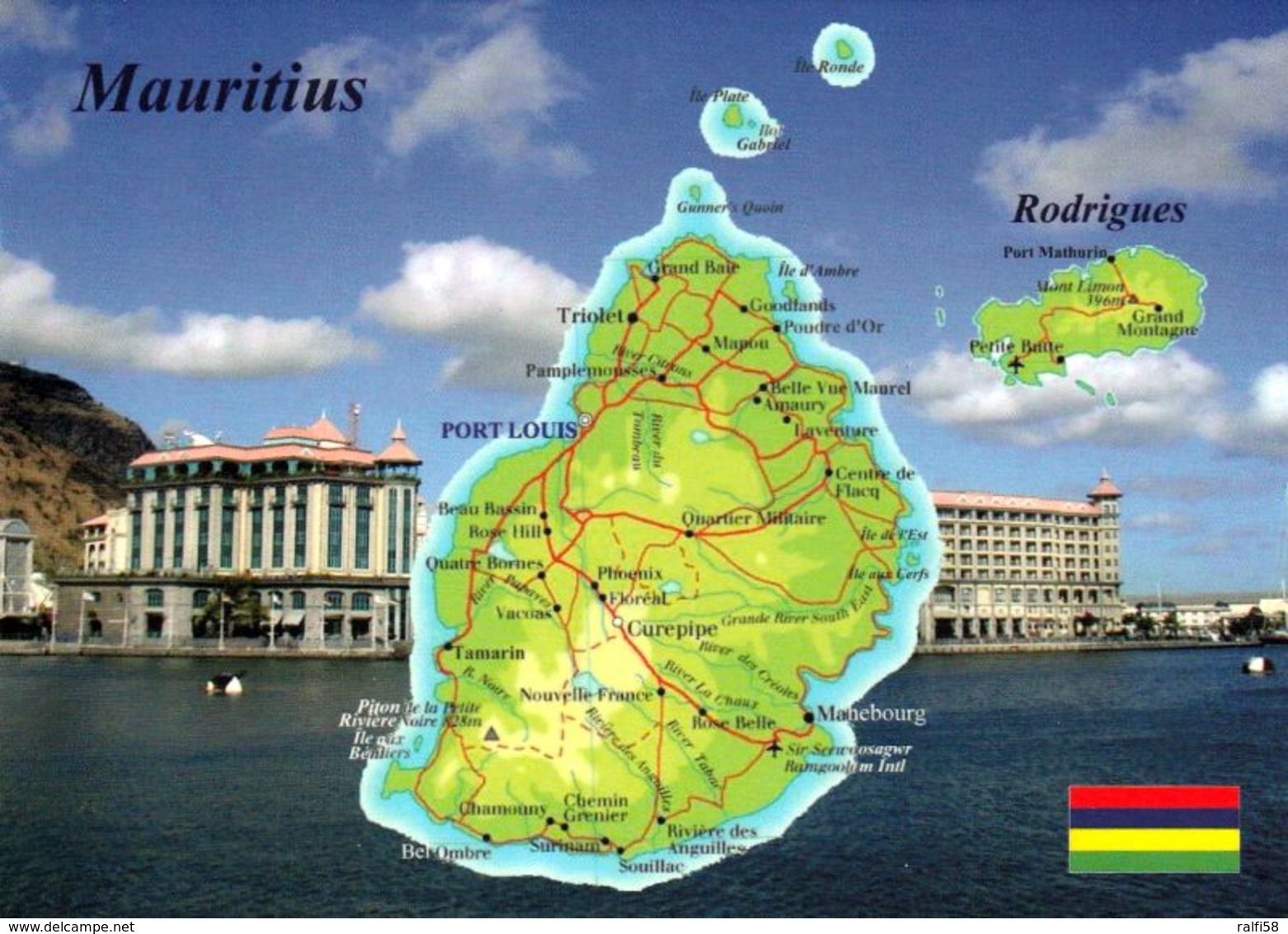 1 Map Of Mauritius * 1 Ansichtskarte Mit Der Landkarte Der Insel Mauritius Und Der Insel Rodrigues * - Landkarten