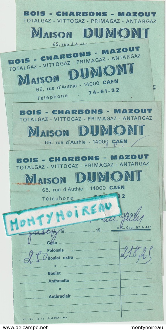 Vieux  Papier :   Calvados : CAEN ;  Bois  Charbon Mazout , Toatlgaz... Maison  Dumont ( 4 Lots) - Autres & Non Classés