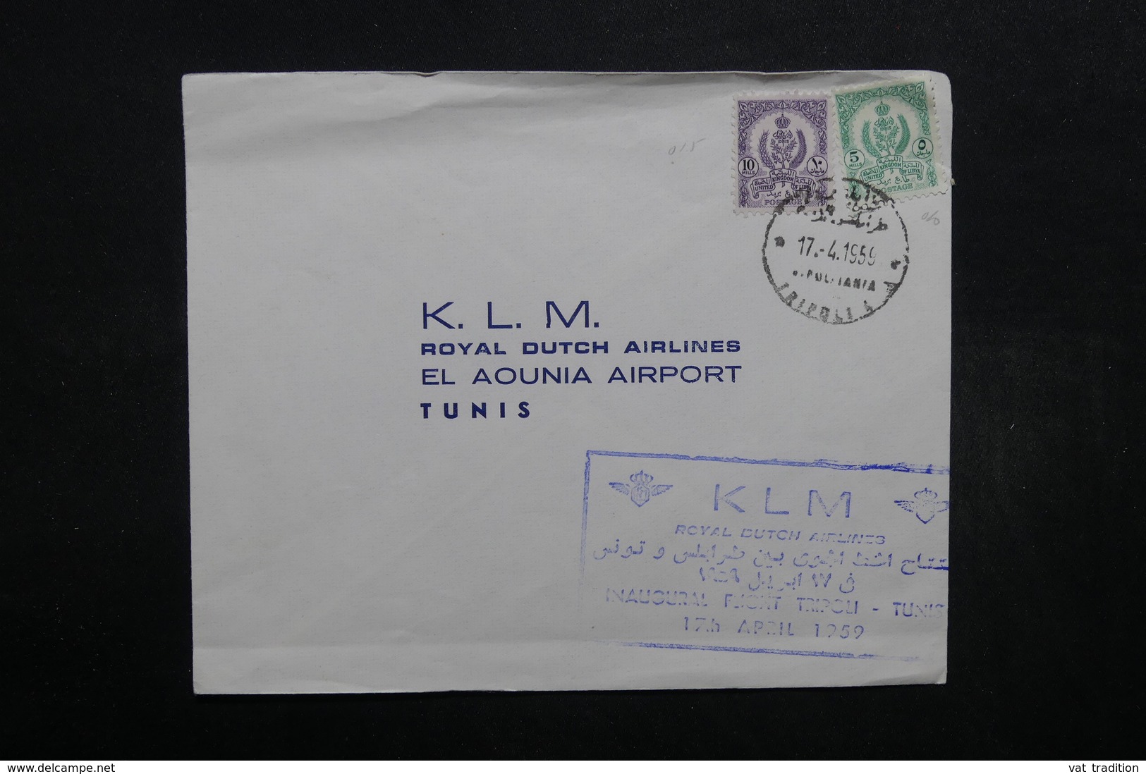 LIBYE - Enveloppe 1 Er Vol Tripoli / Tunis En 1959 , Affranchissement Plaisant - L 32475 - Libye