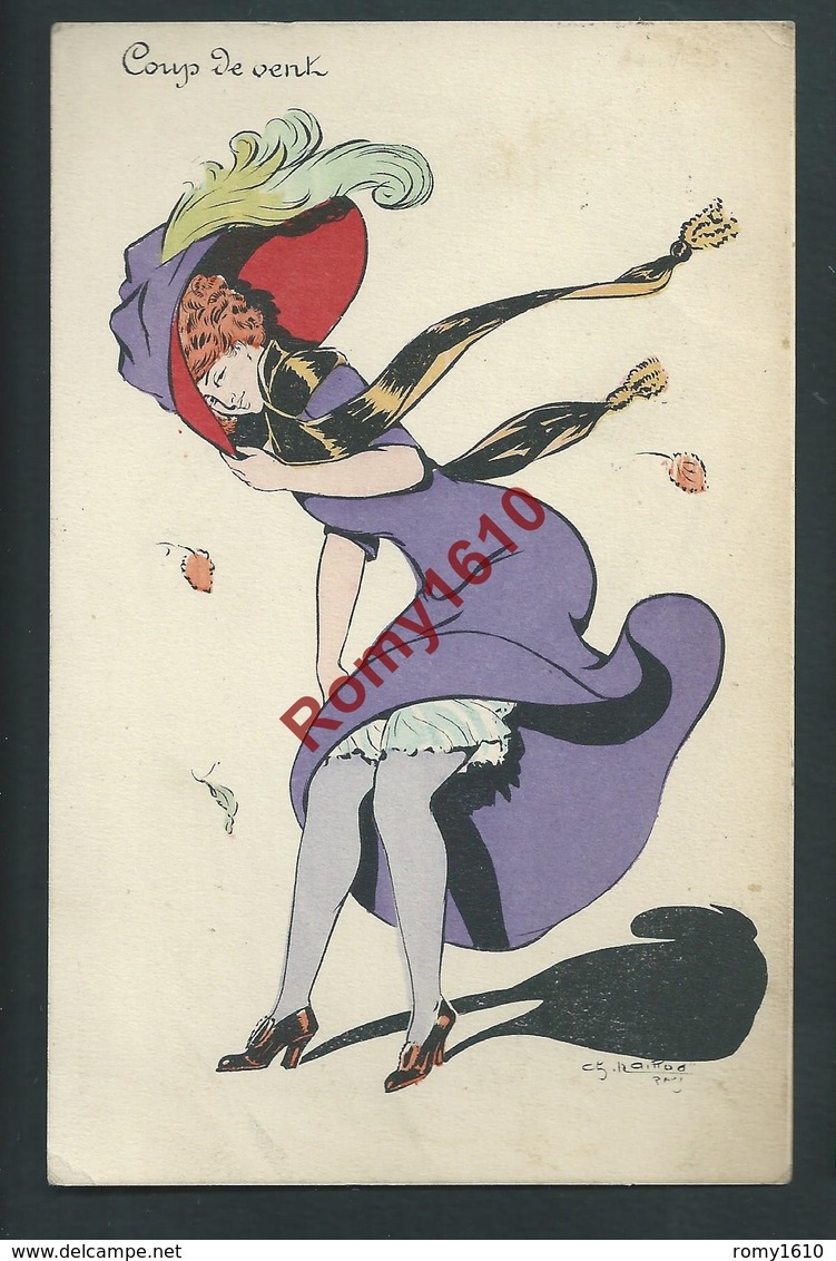 Illustration Ch. Naillod. Coup De Vent. Jolie Femme Au Chapeau.  N°123/4. Circulé En 1913. 2 Scans. - Naillod