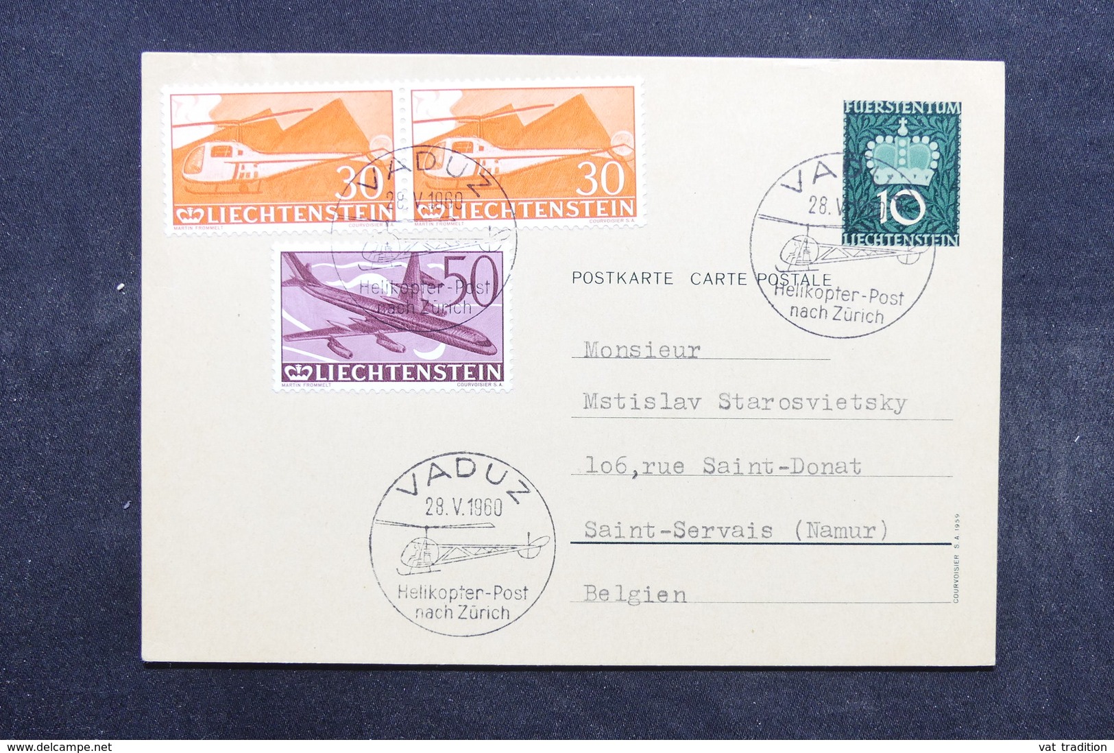 LIECHTENSTEIN - Carte Par Hélicoptère De Vaduz Pour La Belgique Via Zurich En 1960, Affranchissement Plaisant - L 32476 - Storia Postale