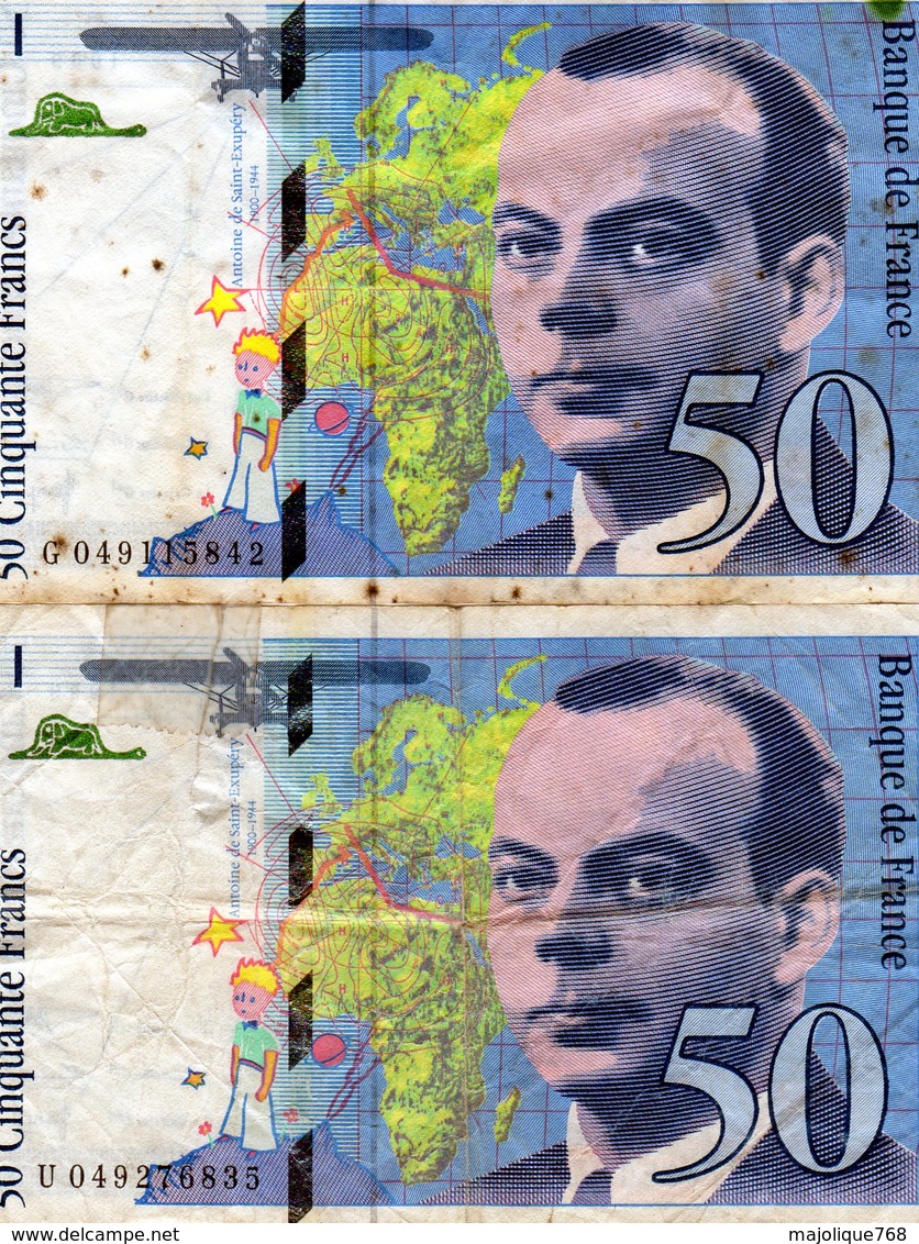 Lot De 2 Billets Français De 50 Francs De Saint-Exupéry De 1999 - - 50 F 1992-1999 ''St Exupéry''