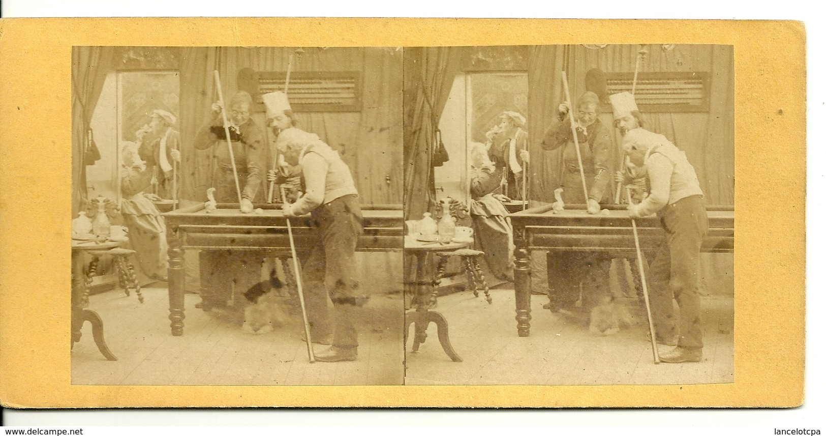 PHOTO STEREOTYPE SUR SUPPORT CARTON / JOUEURS AU BILLARD - Anciennes (Av. 1900)